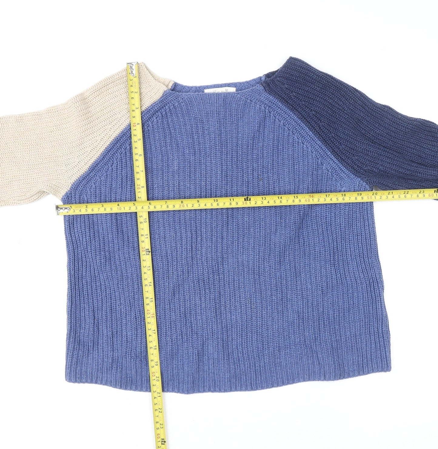 White Stuff Women's Blue Colour Block Cotton Jumper UK 8 Knit Relaxed Fit