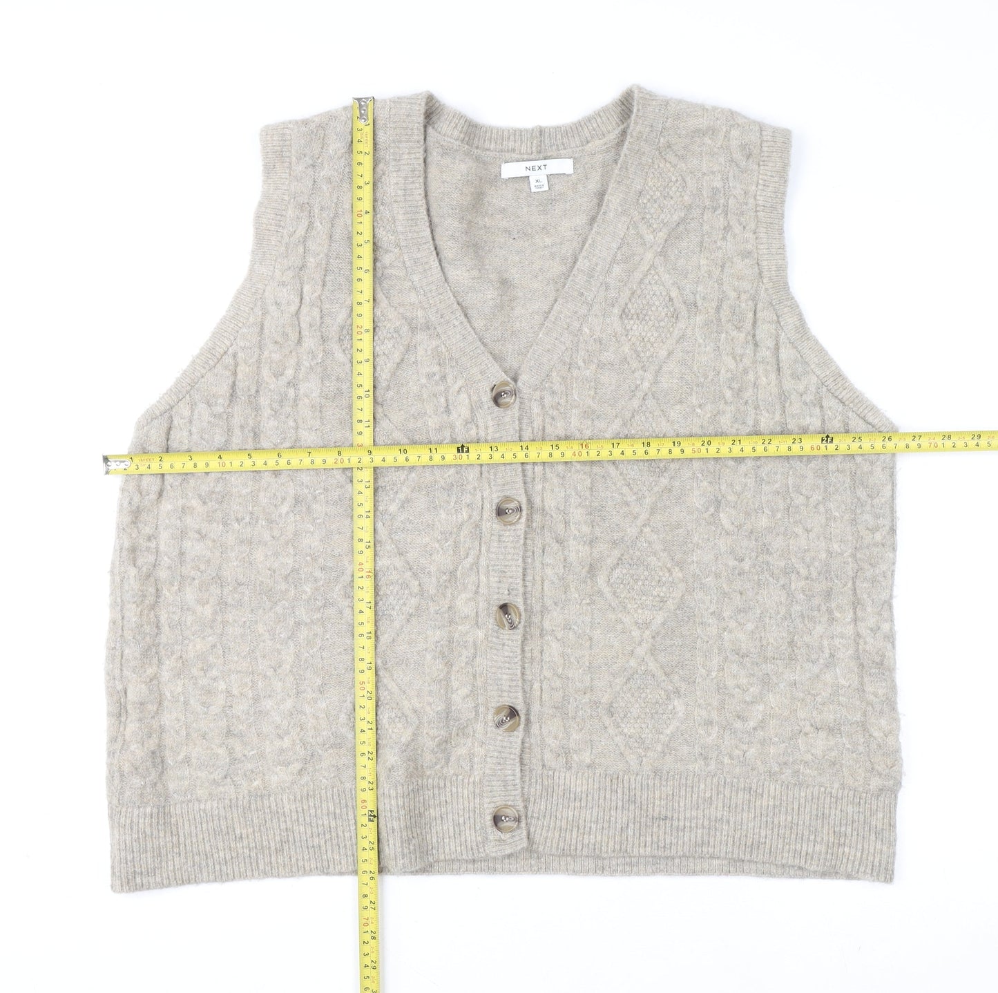 Next Mens Beige Cable-Knit Sleeveless Cardigan Vest XL