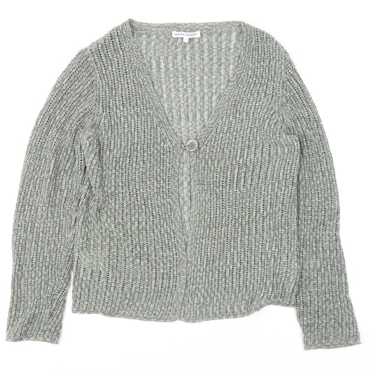 Laura Ashley Women Grey Knit Cardigan L Acrylic Cotton V-Neck
