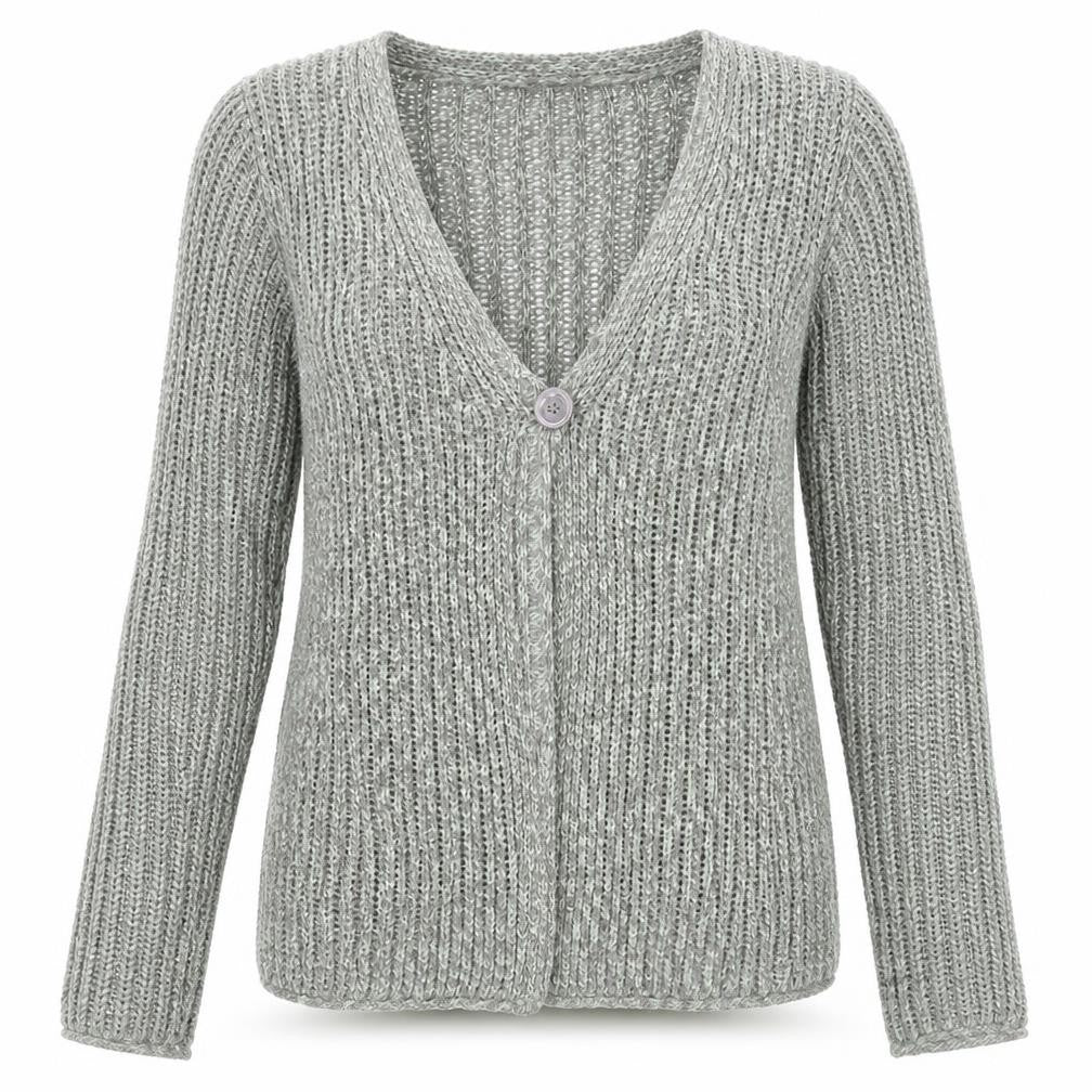 Laura Ashley Women Grey Knit Cardigan L Acrylic Cotton V-Neck
