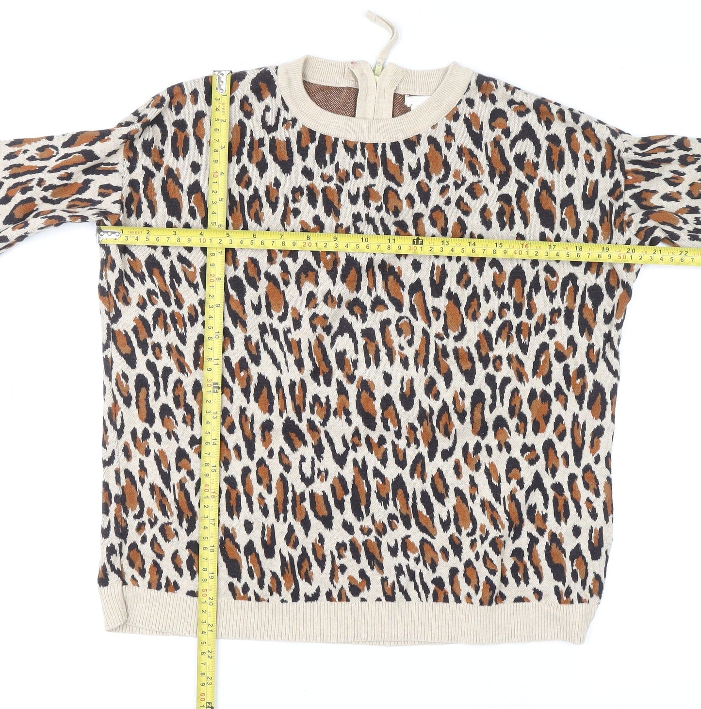 H&M Women’s Beige Leopard Print Cotton Pullover Jumper XS