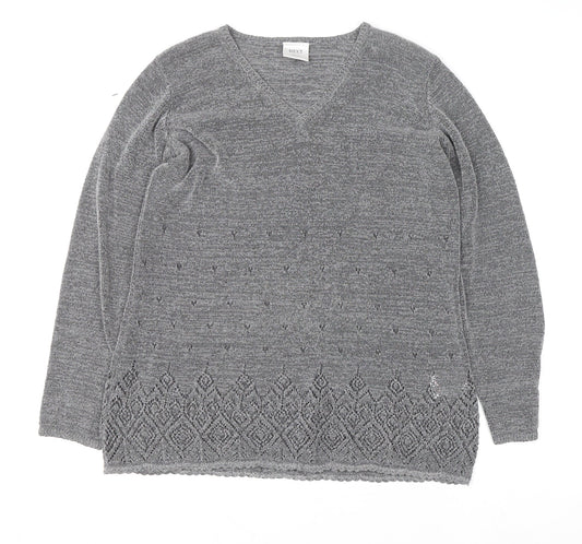 Next Women Grey V-Neck Knit Geometric Pullover Jumper M