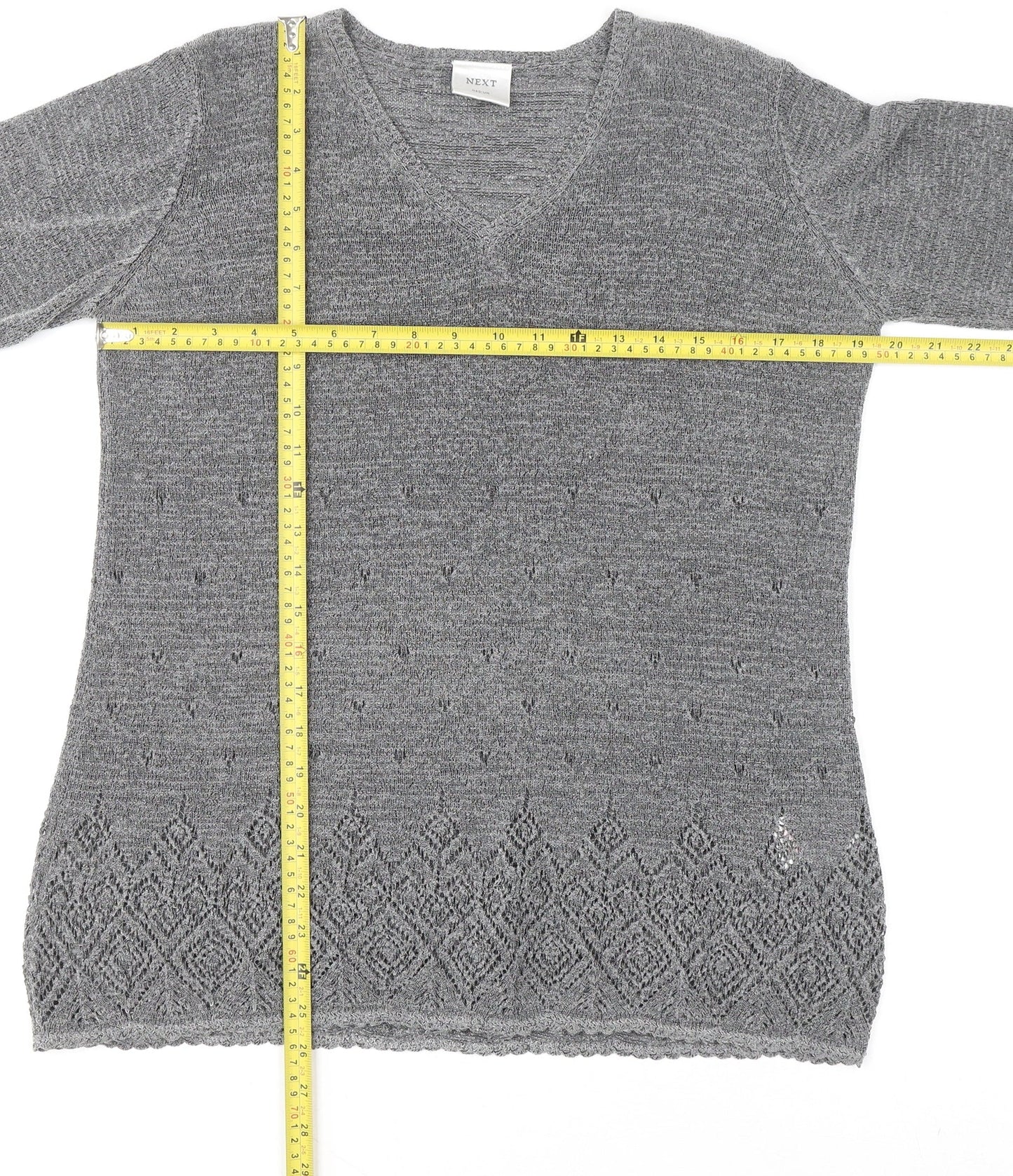 Next Women Grey V-Neck Knit Geometric Pullover Jumper M