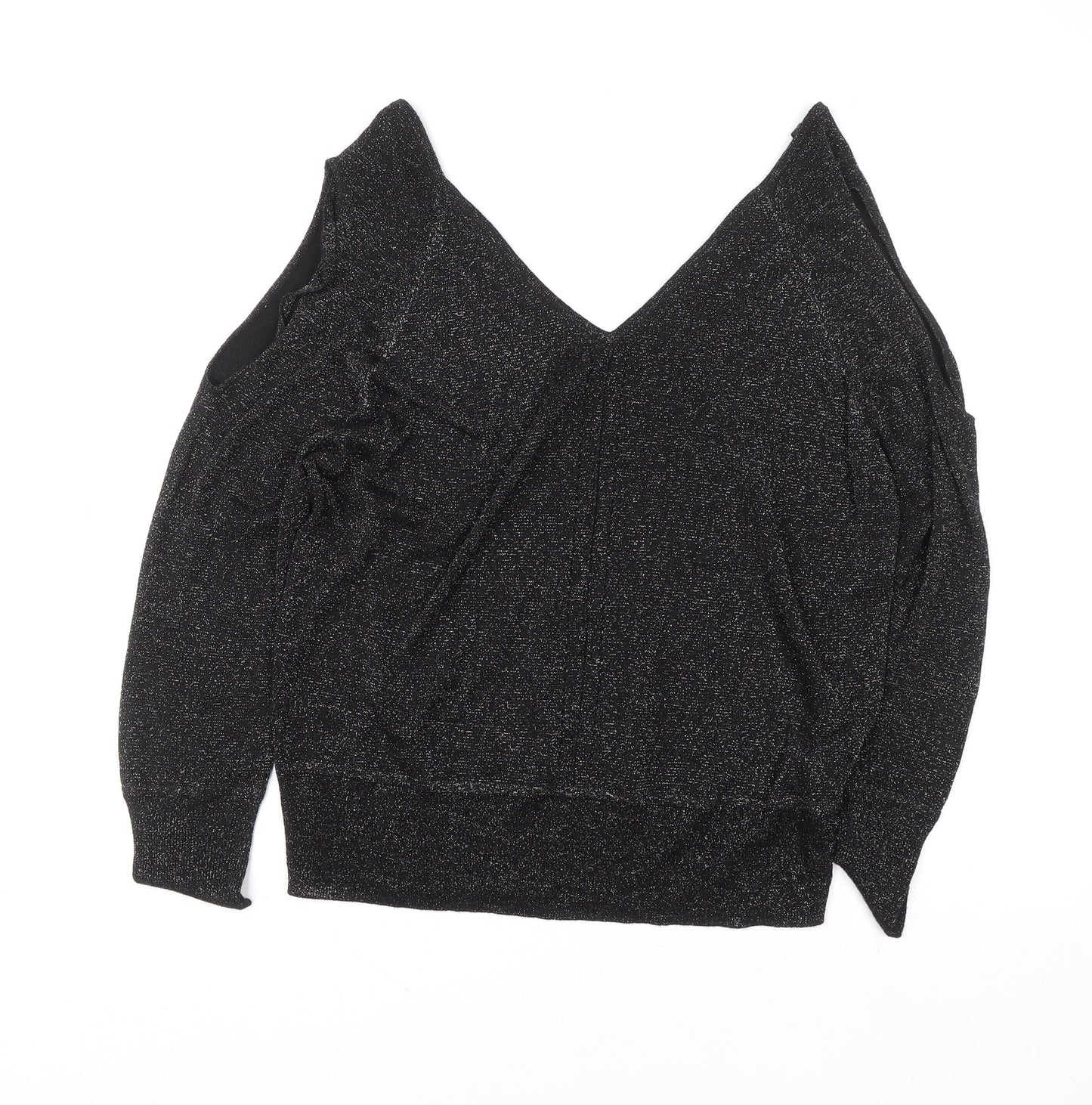 Next Women Black Size 14 Sparkle Cold Shoulder V-Neck Knit Blouse