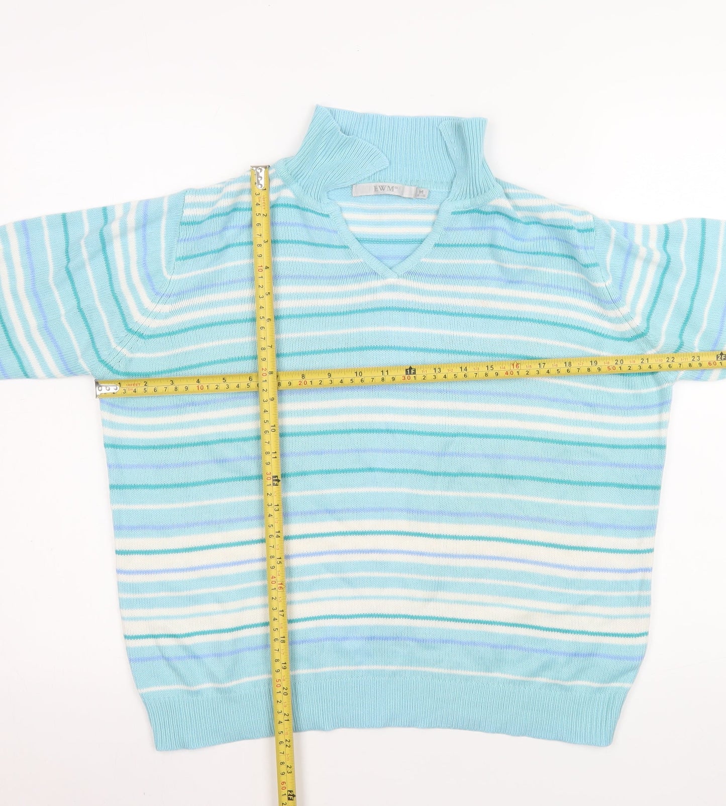EWM Women’s Blue Striped V-Neck Acrylic Knit Jumper Size M 14-16