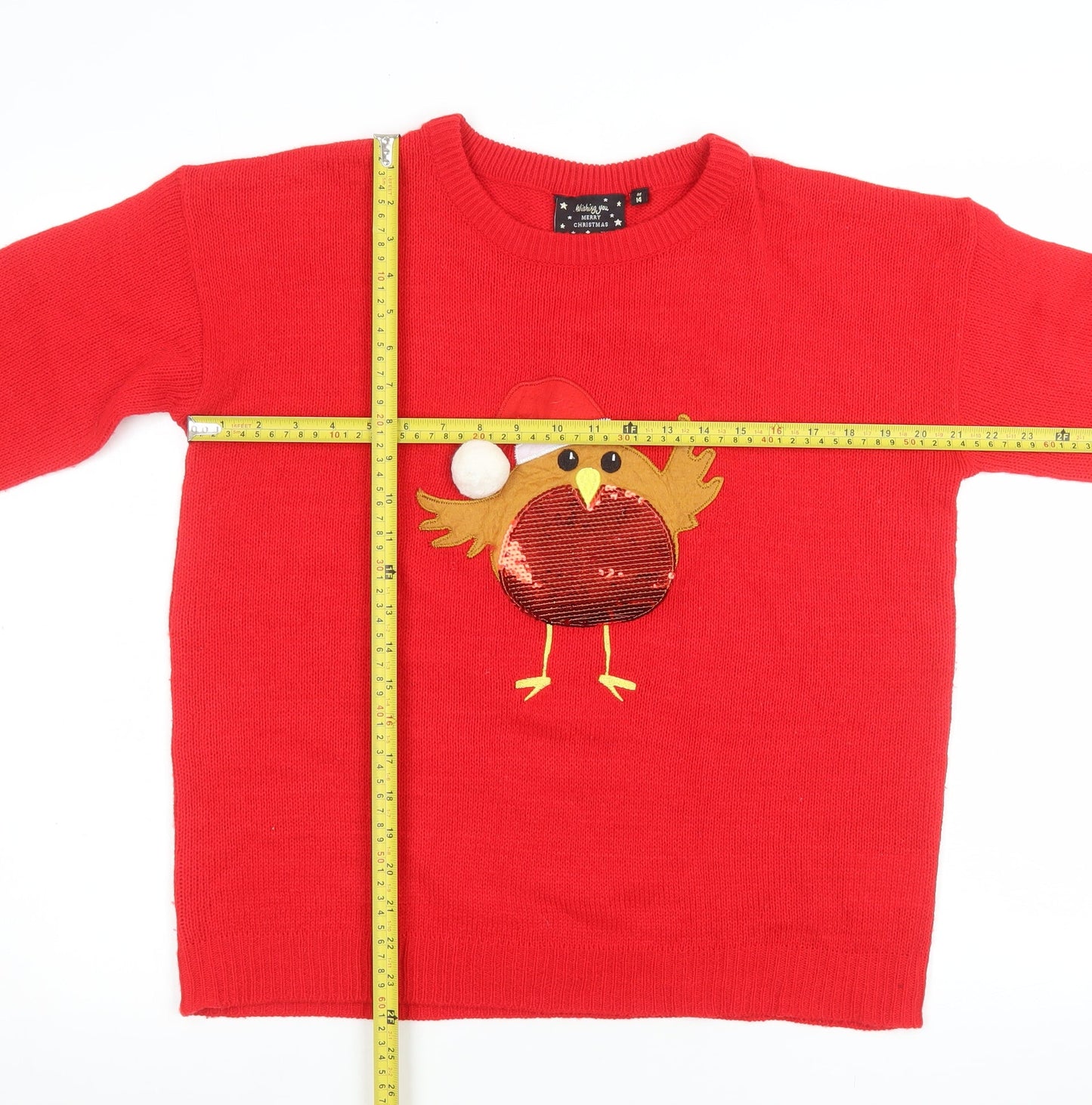 Brave Soul Women’s Red Christmas Jumper Size 14 Robin Sequin Knit