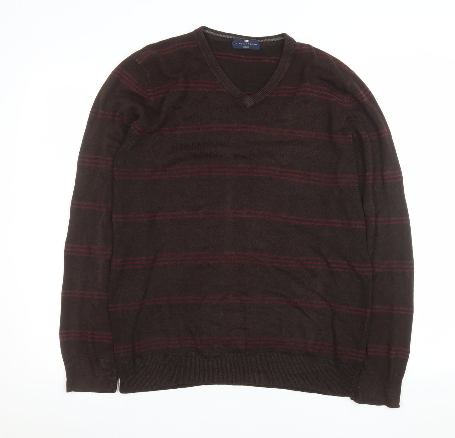 Marks and Spencer Men’s Brown Striped V-Neck Jumper Size L