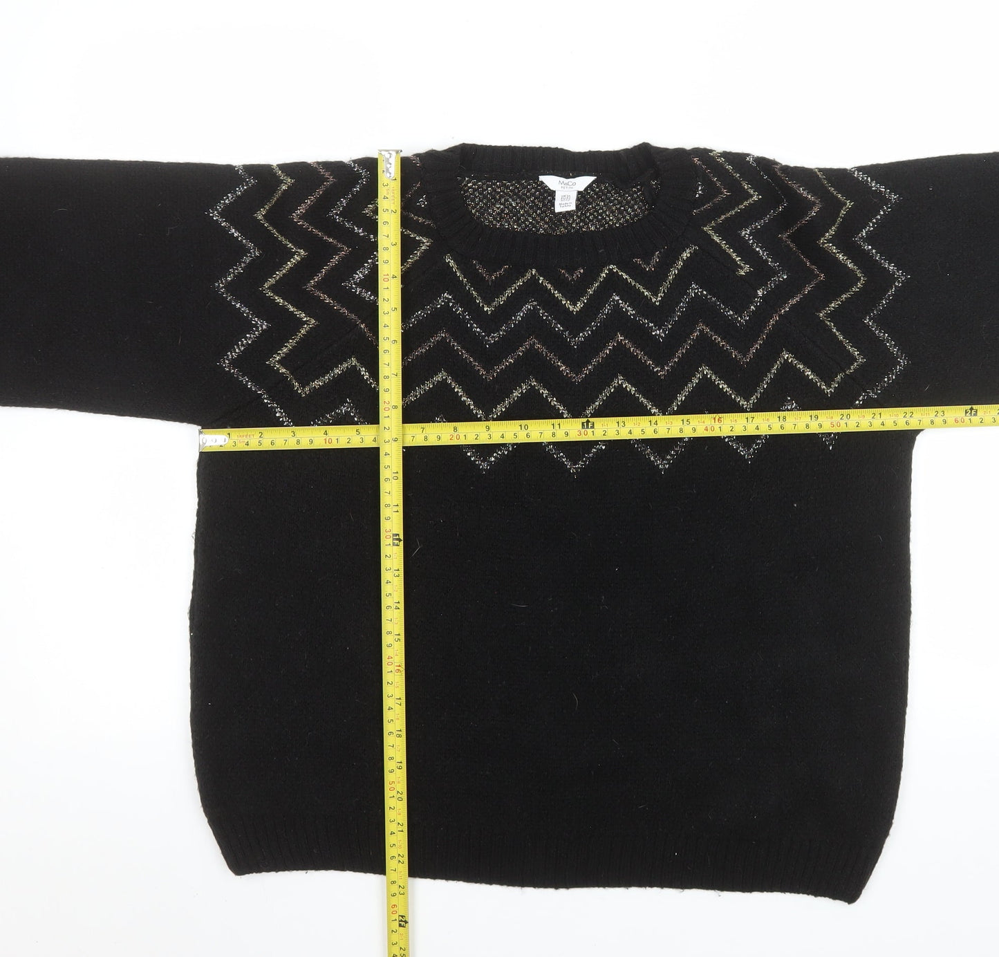 M&Co Women’s Black Metallic Zigzag Knit Petite Jumper Size 16