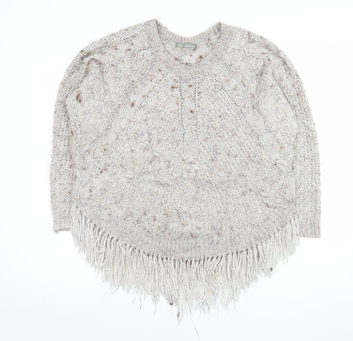 Marks and Spencer Women Beige Fringe Cable Knit Jumper Size 14