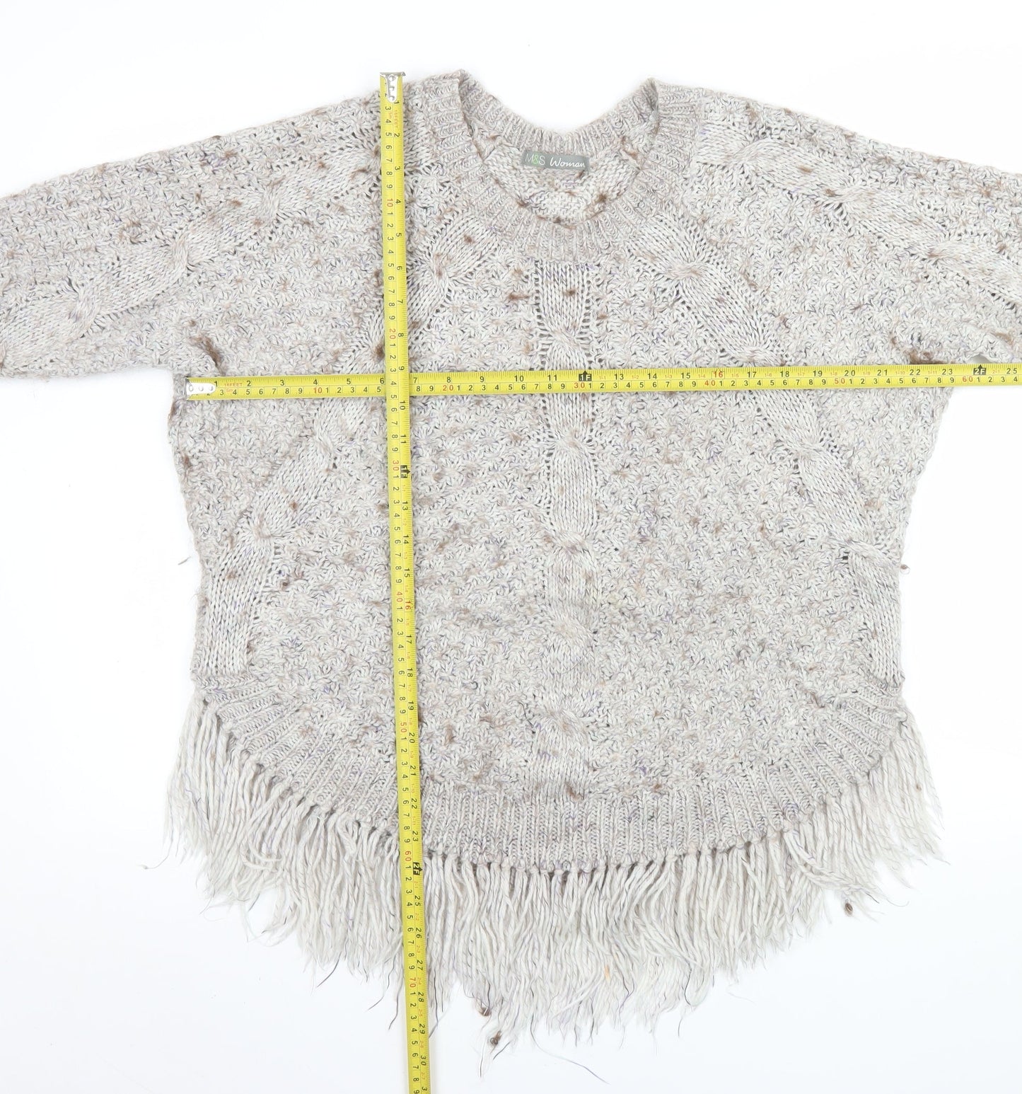 Marks and Spencer Women Beige Fringe Cable Knit Jumper Size 14