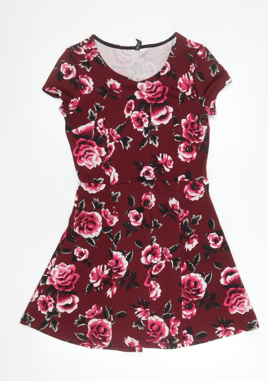 H&M Divided Women’s Red Floral Fit & Flare Dress Size 12 Short Sleeve