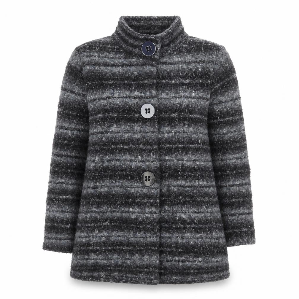 Country Casuals Women’s Grey Striped Knit Coatigan L Long Sleeve Buttoned Jacket