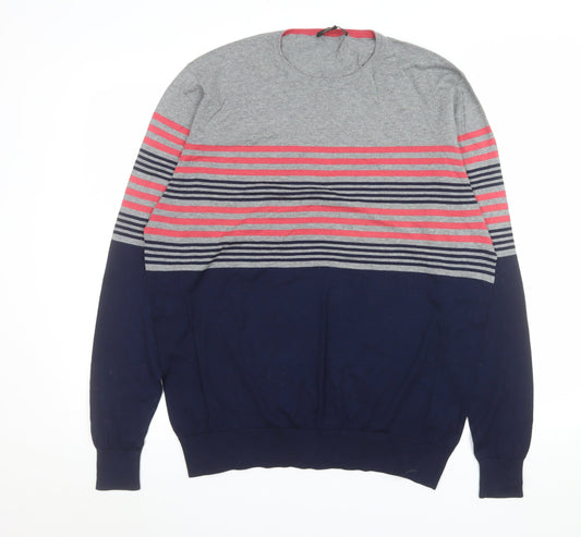 Jaeger Women Grey Blue Striped Cotton Crew Neck Jumper L