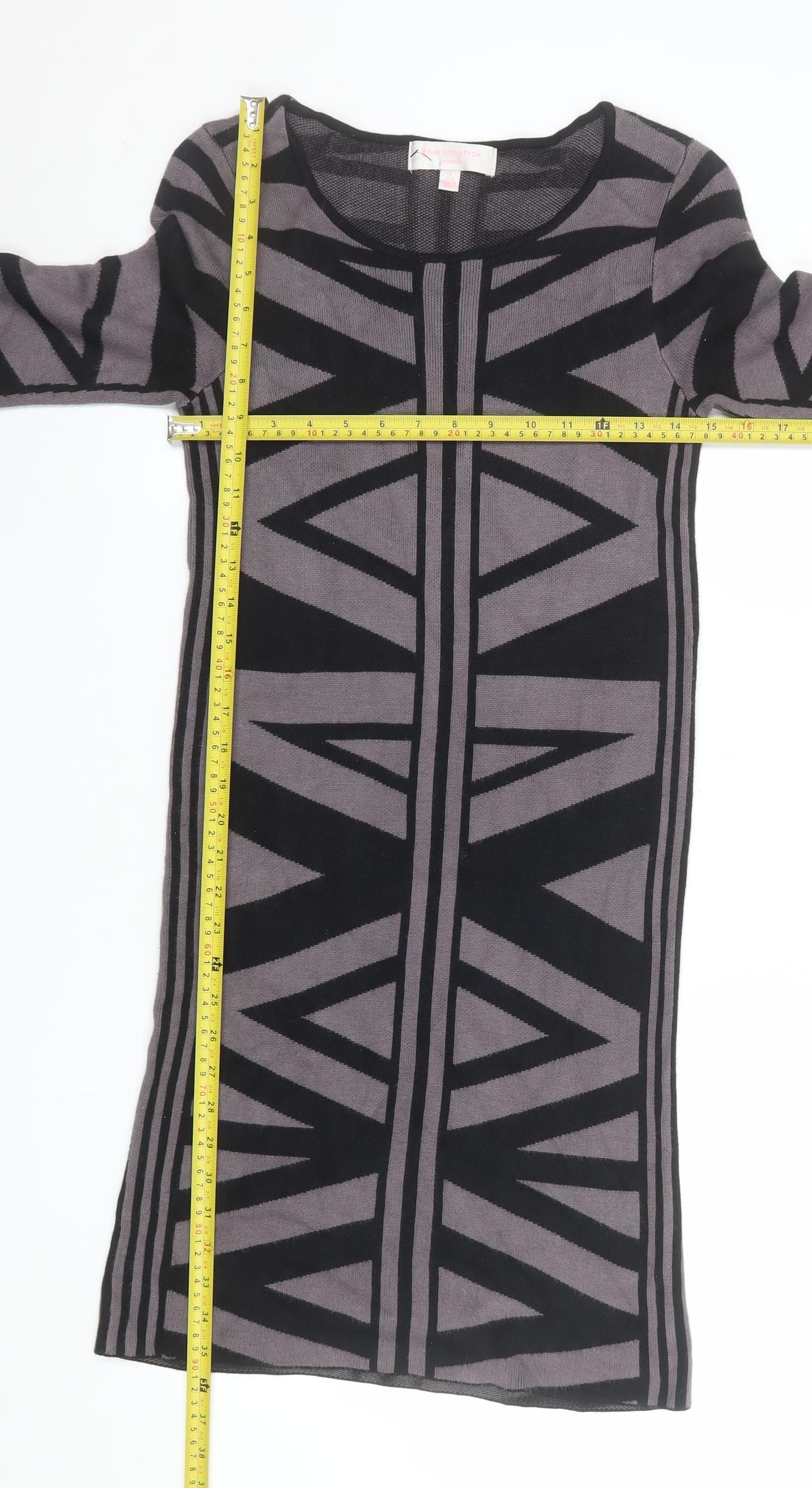 Gharani Strok Women’s Grey Bodycon Knit Dress Size 10 Geometric 3/4 Sleeve