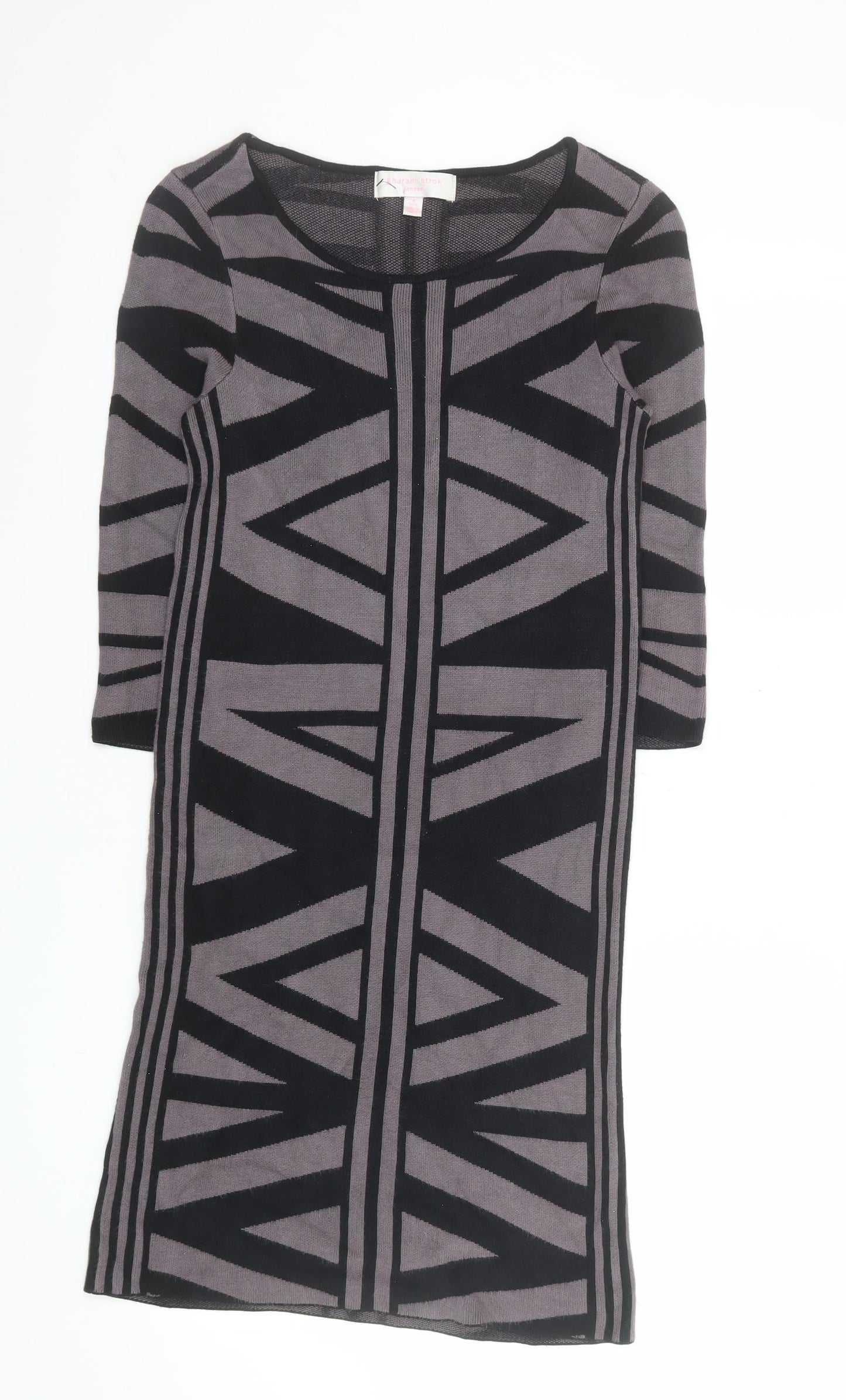 Gharani Strok Women’s Grey Bodycon Knit Dress Size 10 Geometric 3/4 Sleeve