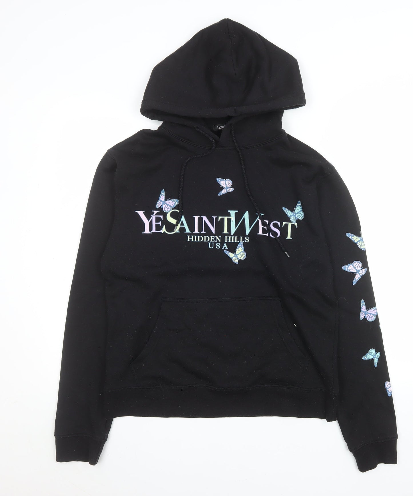 Boohoo Womens Black Butterfly Graphic Pullover Hoodie Size S