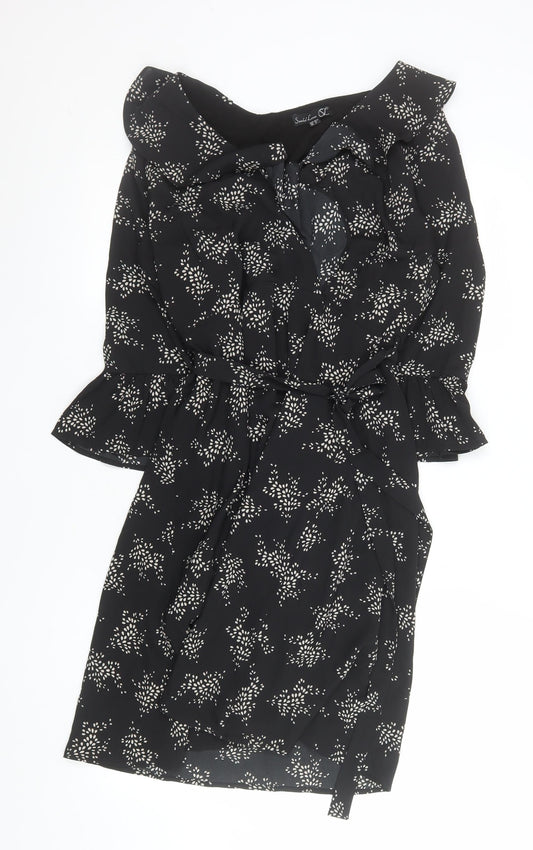Smashed Lemon Women Black Floral Wrap Knee Length Dress Size 12