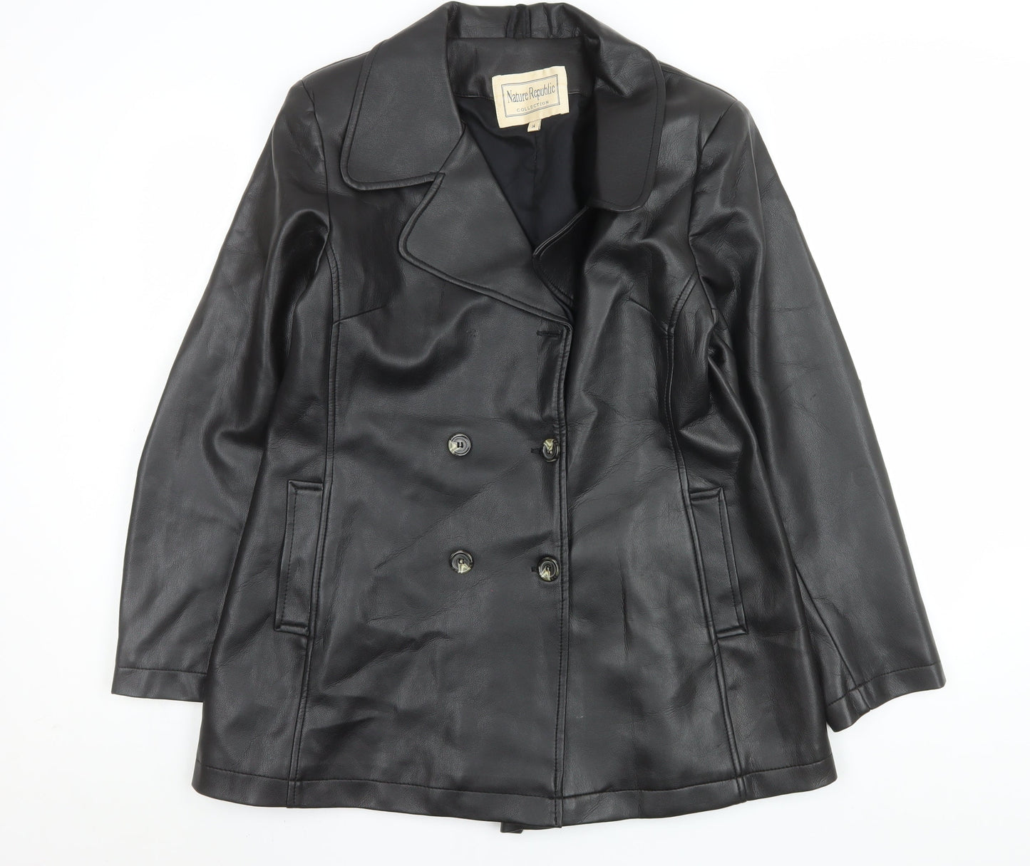 Nature Republic Women's Black Faux Leather Pea Coat Size 14