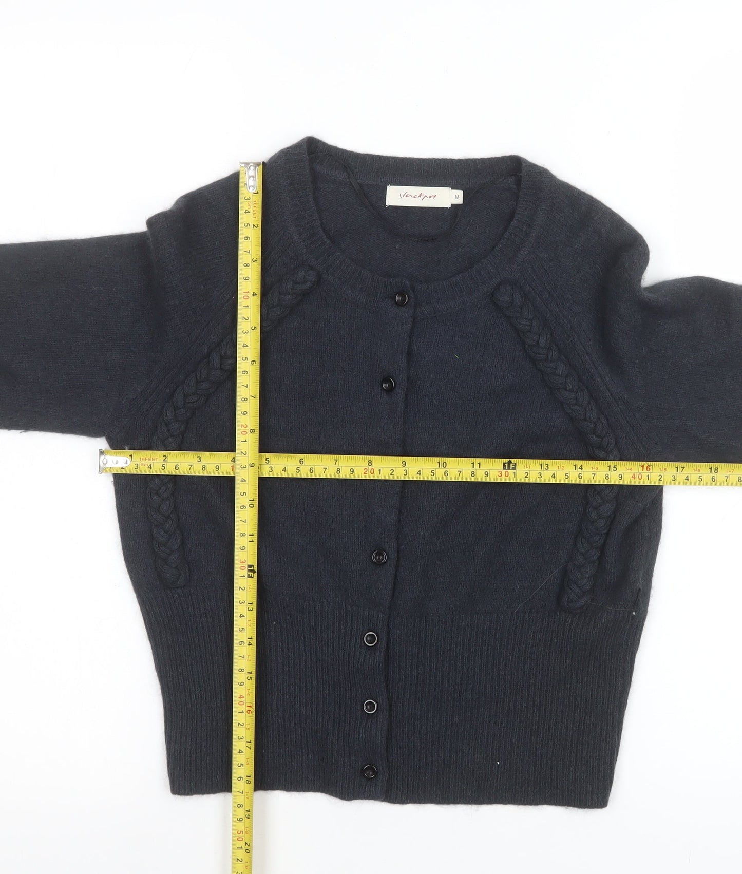 Jackpot Womens Black Angora Blend Crew Neck 3/4 Sleeve Cardigan M