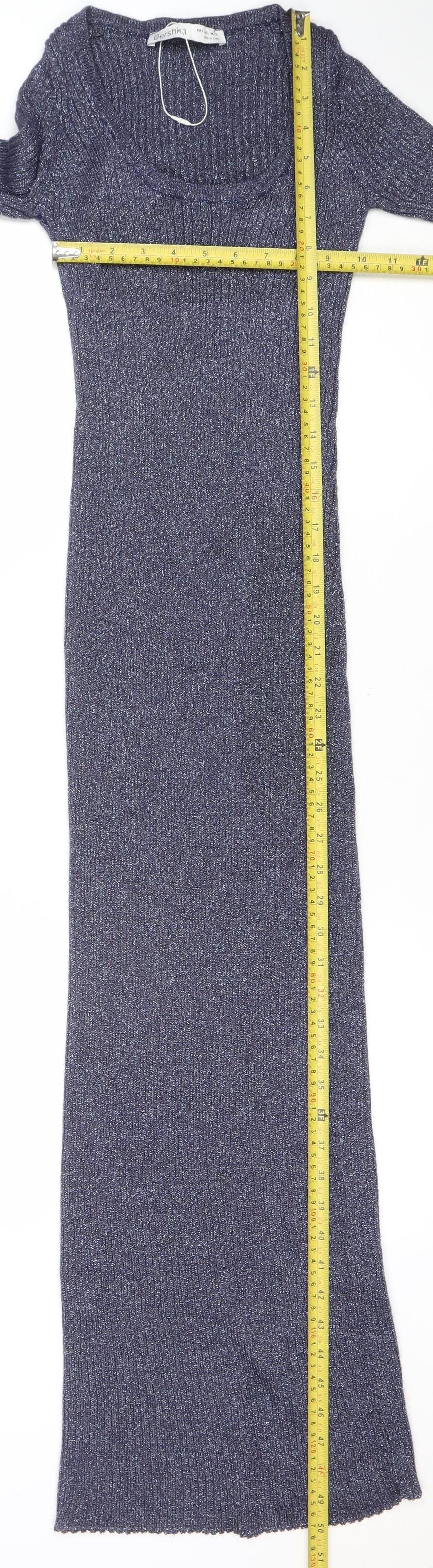 Bershka Women’s Blue Metallic Knit Long Sleeve Bodycon Midi Dress Size S