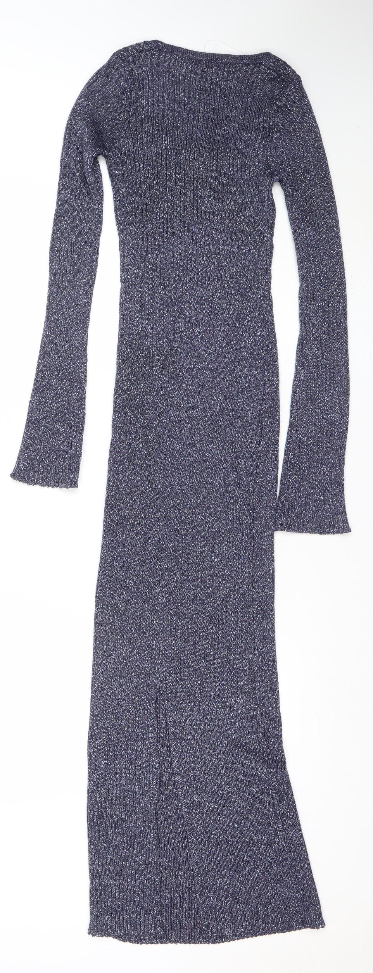 Bershka Women’s Blue Metallic Knit Long Sleeve Bodycon Midi Dress Size S