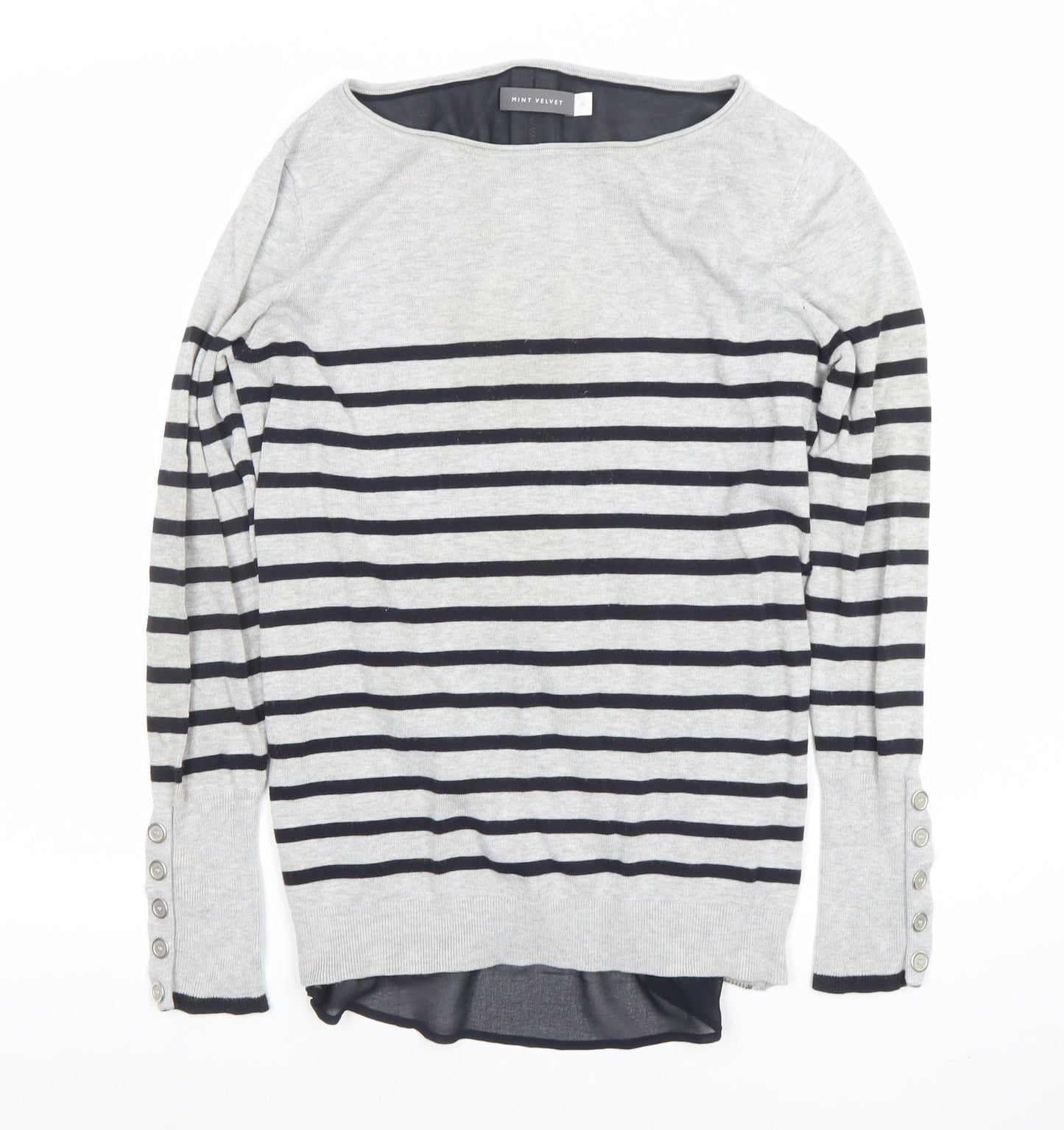 Mint Velvet Women Grey Striped Boat Neck Long Sleeve Pullover Jumper Size 10