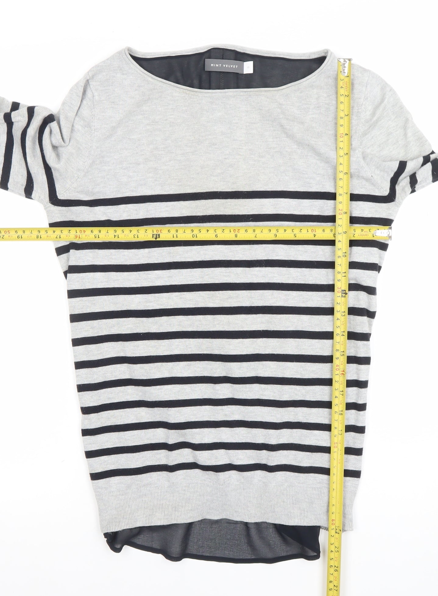 Mint Velvet Women Grey Striped Boat Neck Long Sleeve Pullover Jumper Size 10