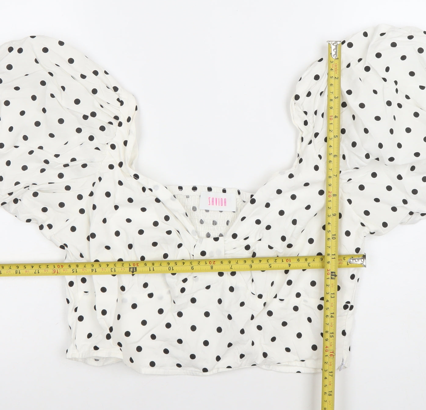 Savida Women White Polka Dot Cropped Puff Sleeve Blouse Size 14