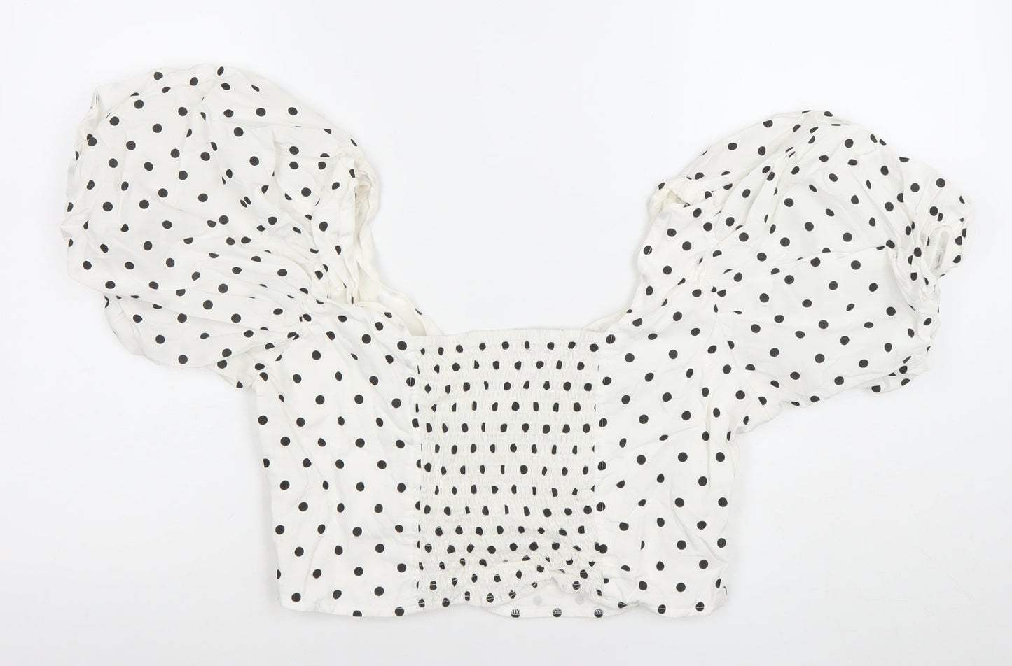 Savida Women White Polka Dot Cropped Puff Sleeve Blouse Size 14