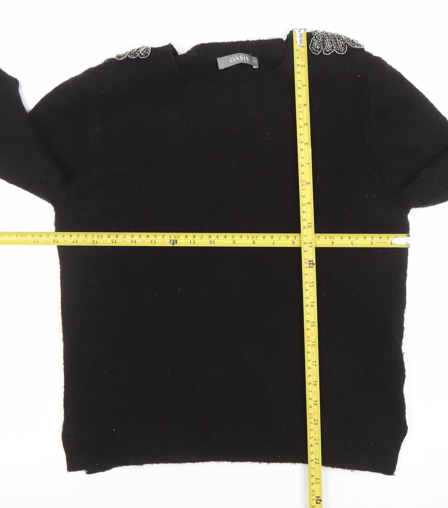 Oasis Women's Black Beaded Shoulder Wool Blend Jumper Size M