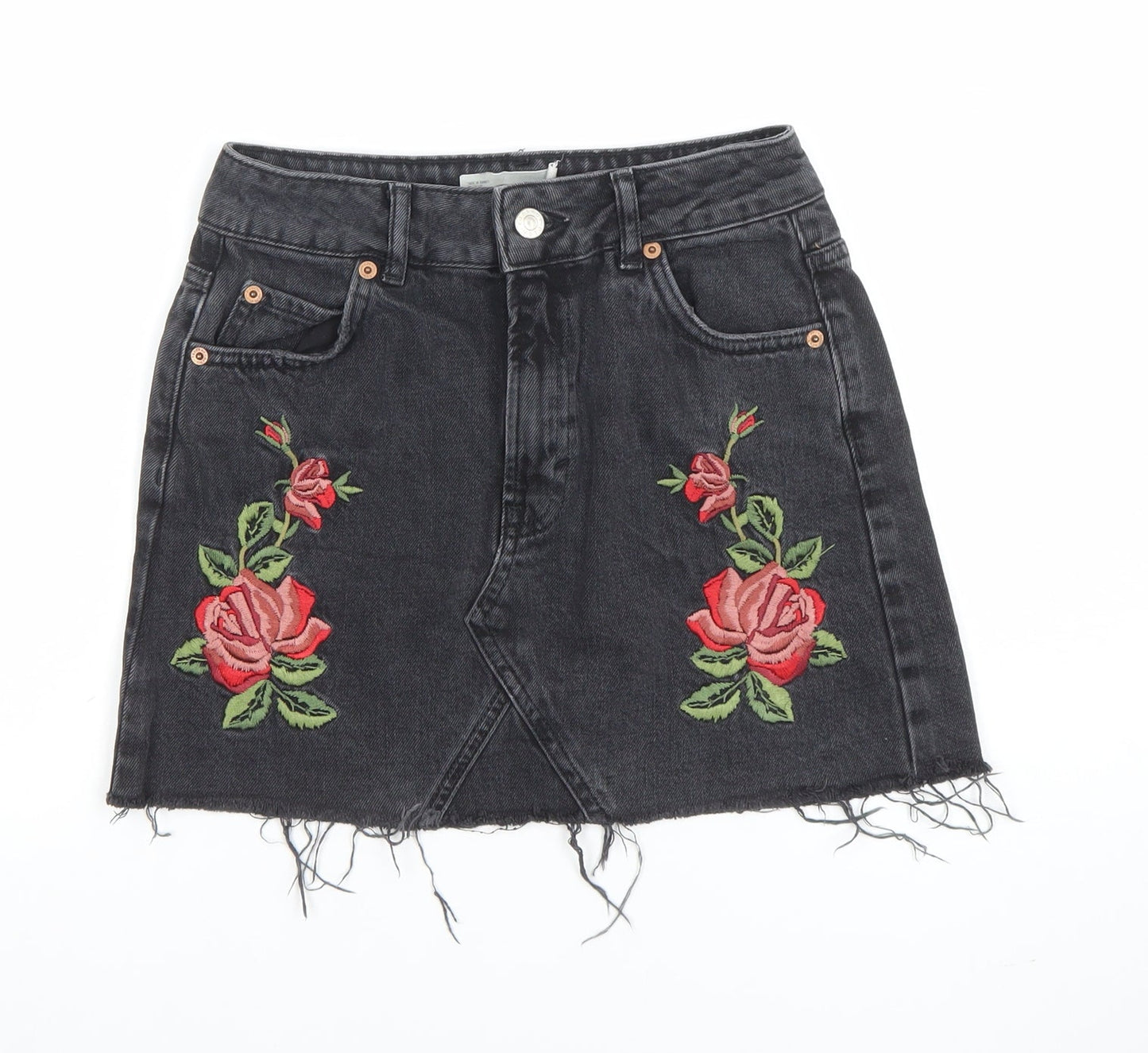 Topshop Women’s Black Embroidered Denim Mini Skirt UK 8