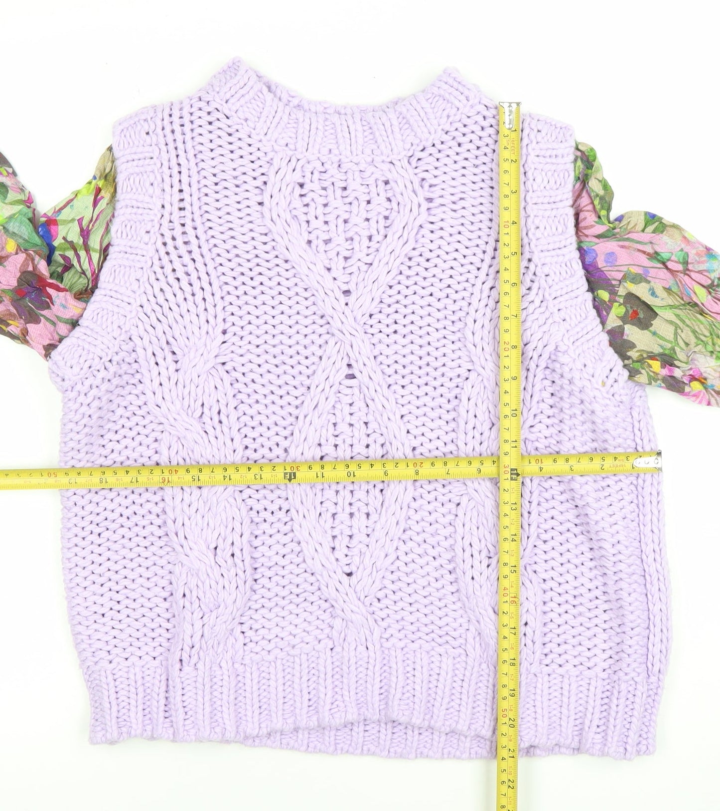 Next Women Purple Chunky-Knit Floral Sleeve Jumper M