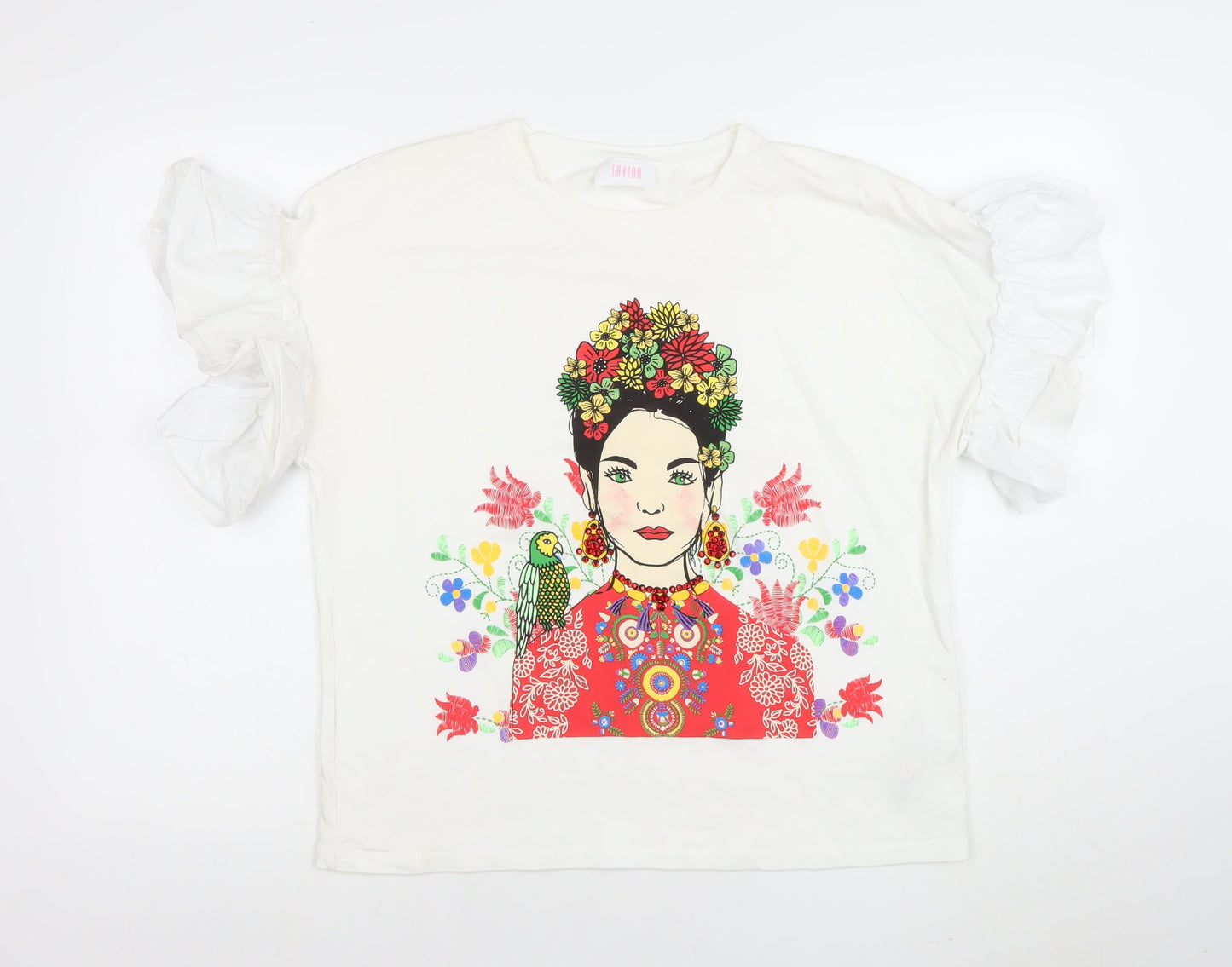 Savior Women White Large Graphic Puff Sleeve T-Shirt