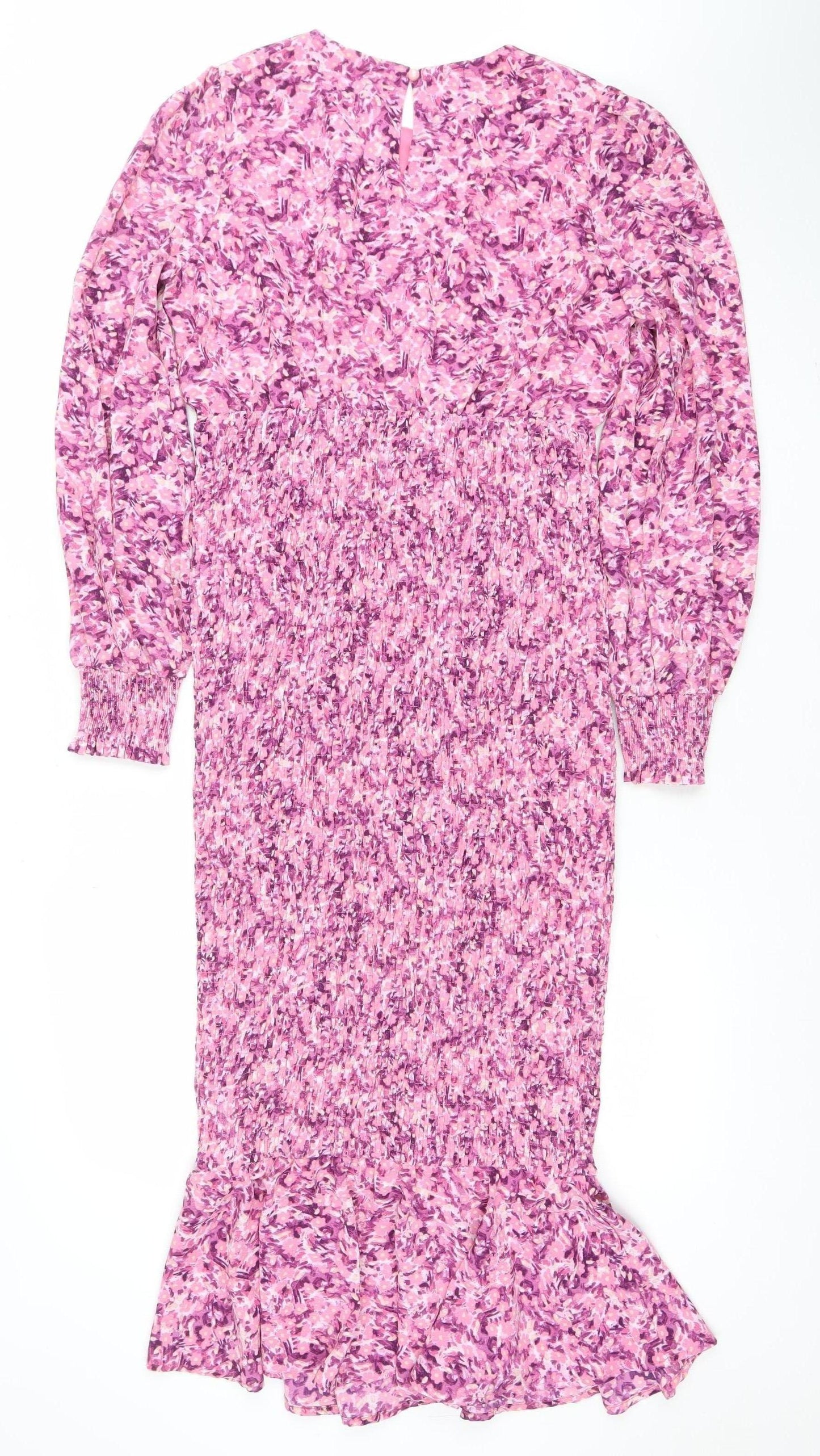 Boohoo Women’s Pink Floral Bodycon Midi Dress Size 12 Long Sleeve
