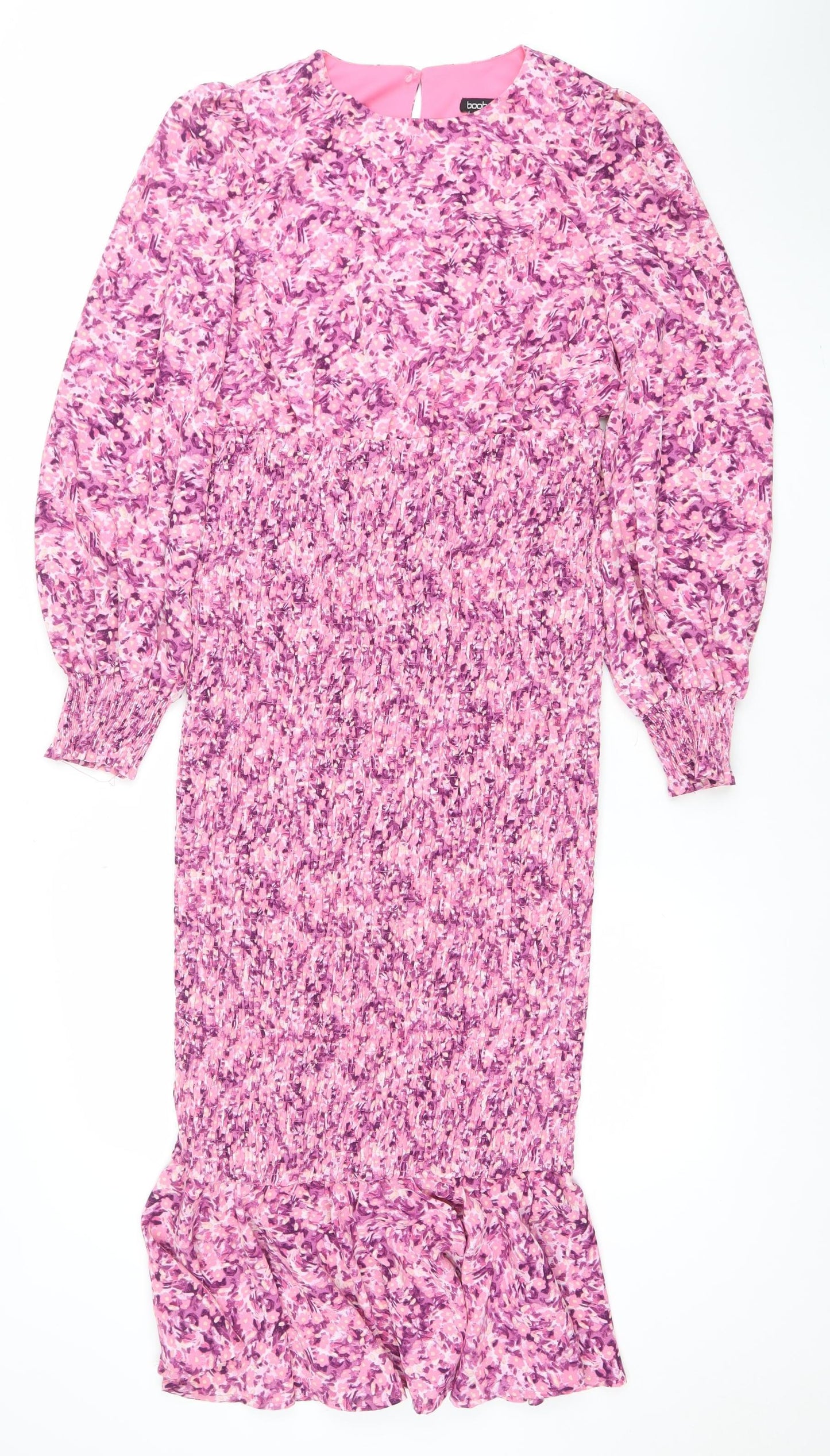 Boohoo Women’s Pink Floral Bodycon Midi Dress Size 12 Long Sleeve