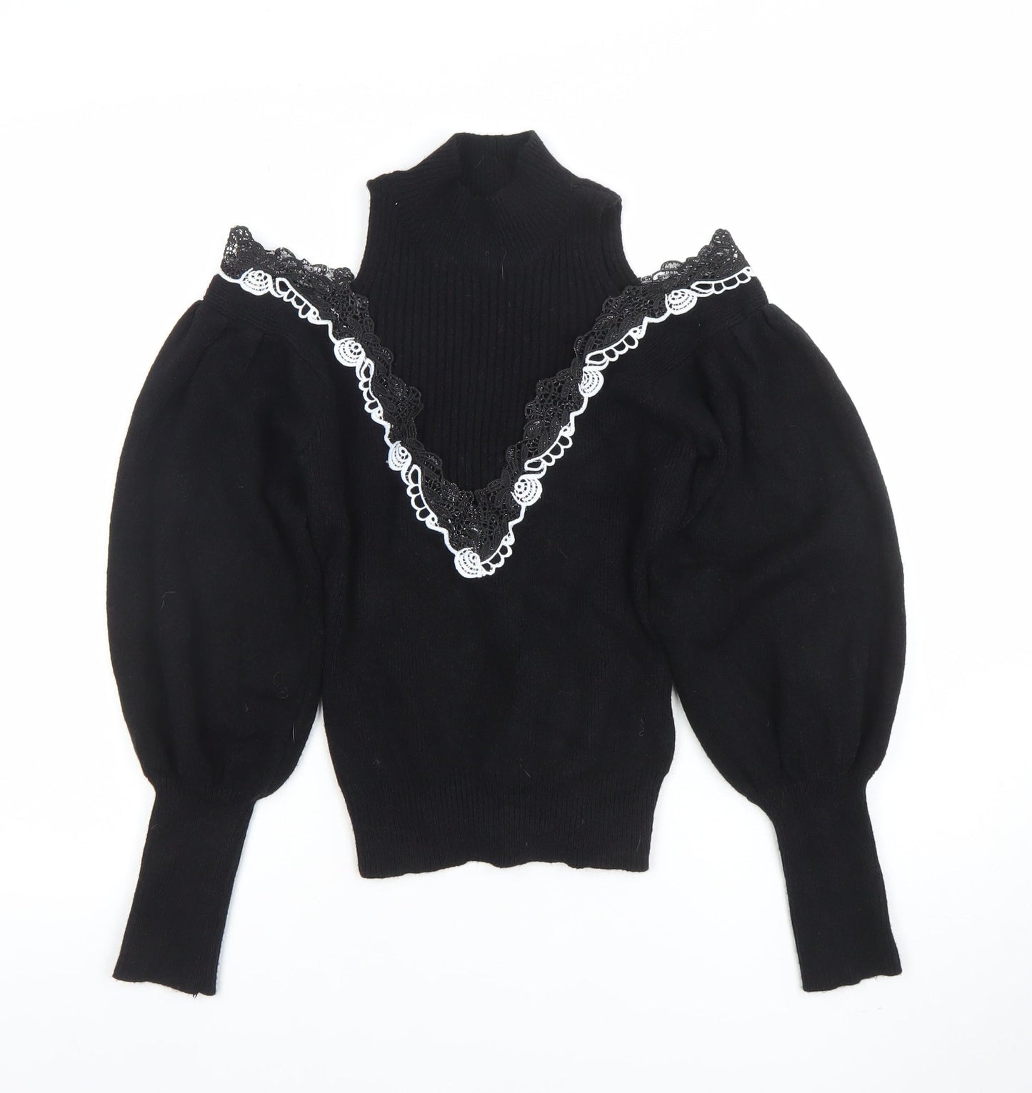 TU Women Black Lace Trim Cold Shoulder Puff Sleeve Jumper M