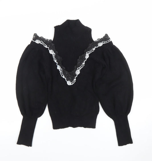 TU Women Black Lace Trim Cold Shoulder Puff Sleeve Jumper M
