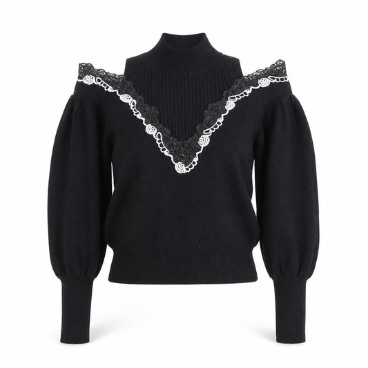 Tu Women Black Lace Trim Cold Shoulder Puff Sleeve Jumper M