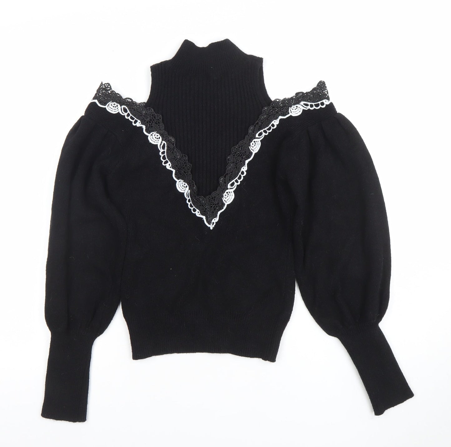 TU Women Black Lace Trim Cold Shoulder Puff Sleeve Jumper M