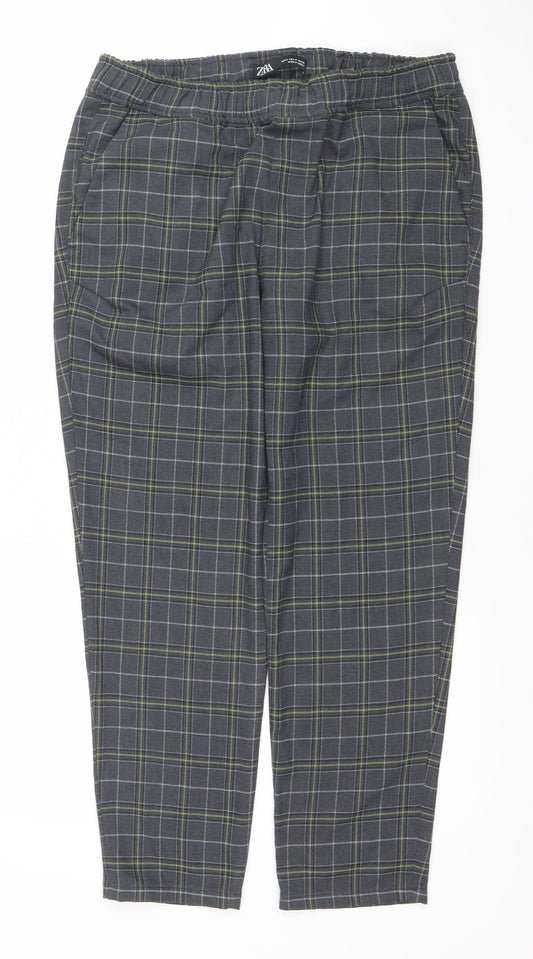 ZARA Womens Grey Check Chino Trousers Size M Elastic Waist