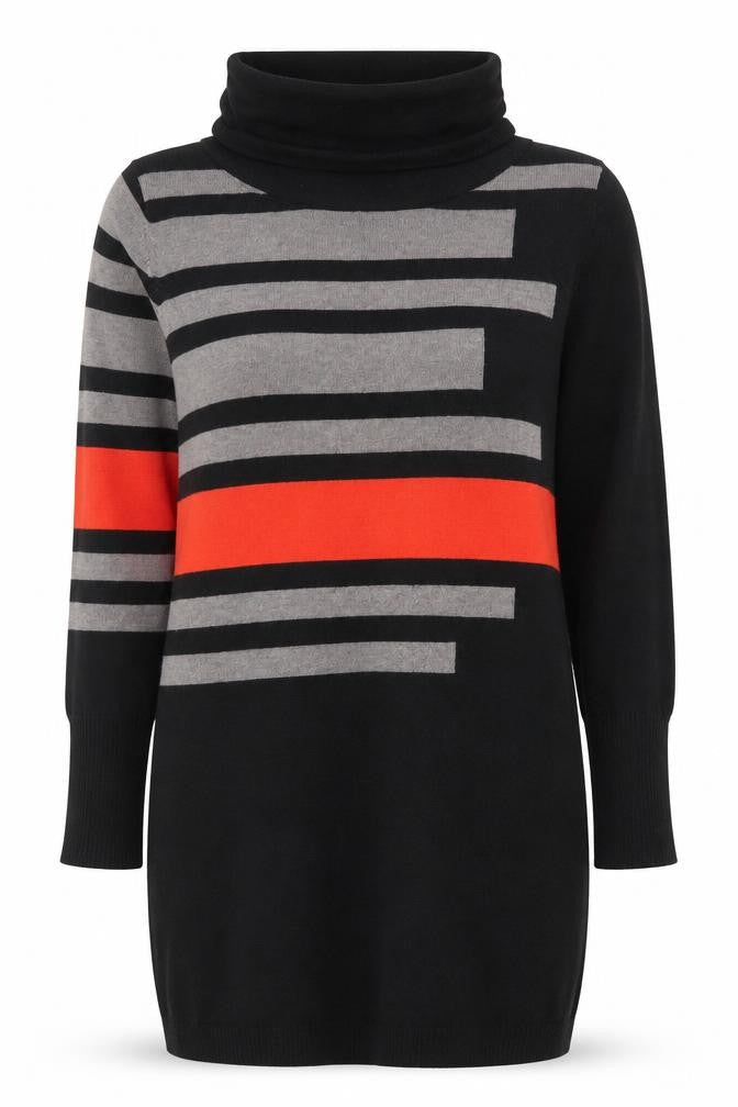 Roman Women’s Black Striped Roll Neck Tunic Jumper Size 12