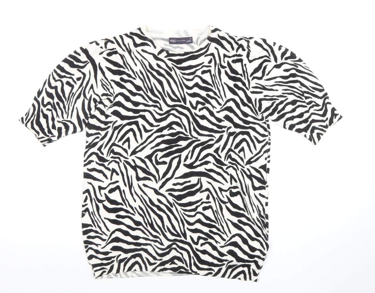 Marks and Spencer Womens Black Zebra Animal Print Knit T-Shirt Size 12