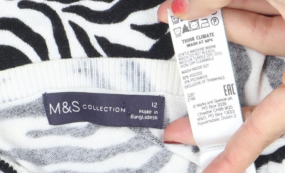 Marks and Spencer Womens Black Zebra Animal Print Knit T-Shirt Size 12