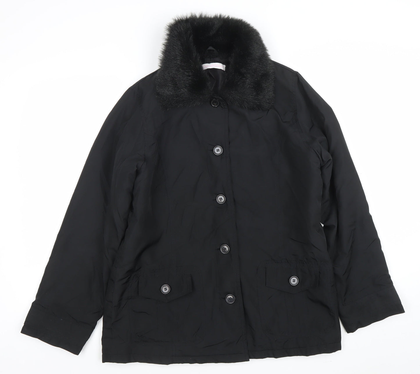 Casual Comfort Women's Black Faux Fur Collar Button Coat Size 12