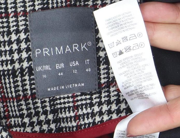 Primark Women's Multicoloured Check Blazer Size 16 Classic Mid-Length