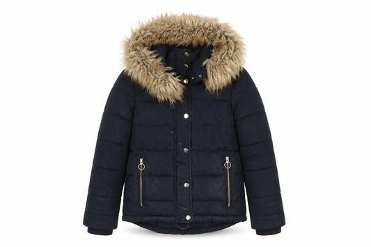 Topshop Women’s Navy Fur Hooded Puffer Jacket Size 6