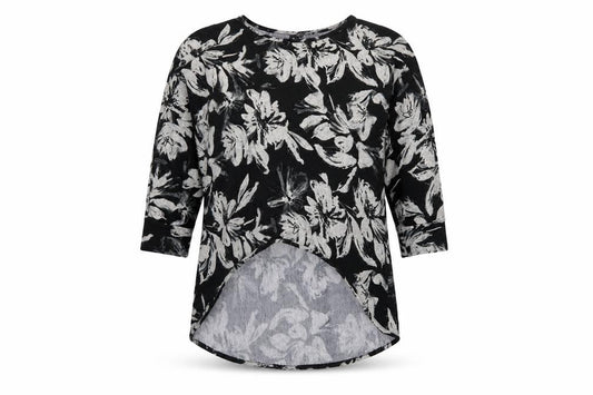Izabel London Women’s Black Floral Tunic Top Size 12 Relaxed Fit 3/4 Sleeve