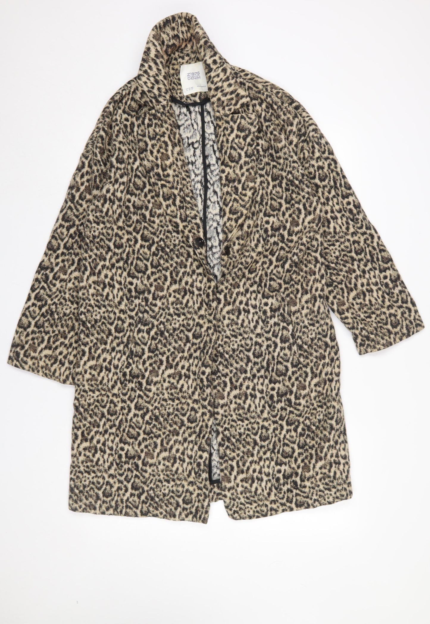 Zara Women Leopard Print Long Coat XS Wool Blend Single Breasted