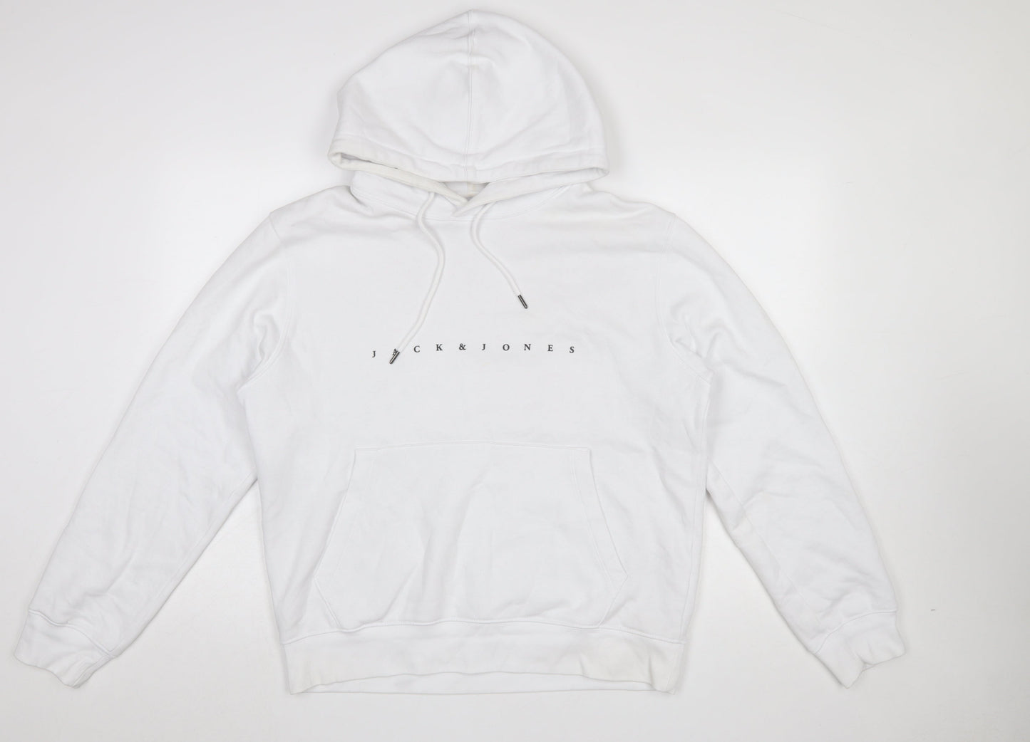 Jack & Jones Mens White Hoodie Medium Pullover Logo Design