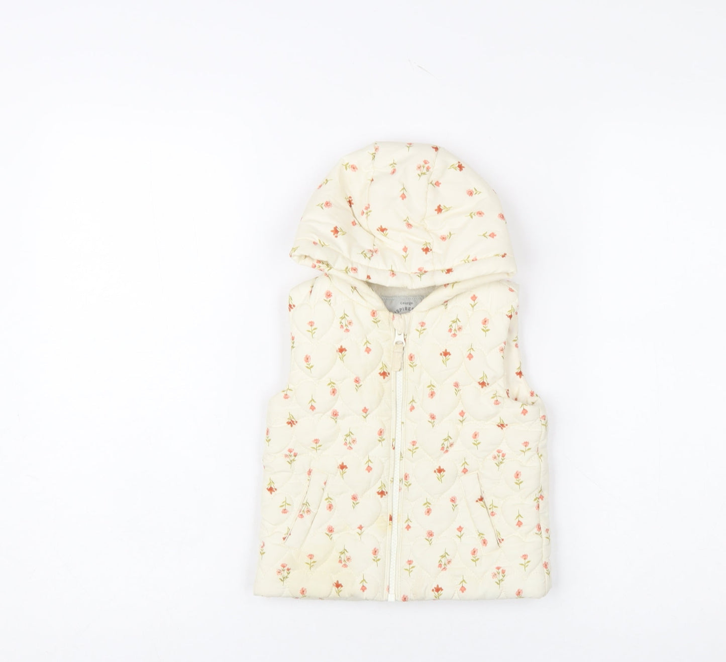 George Girls Ivory Floral Quilted Hooded Puffer Jacket 9-12 Months